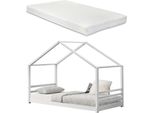[Letto Per Bambini Con Rete A Doghe, Sbarre E Materasso 90X200Cm Letto Casa Legno Letto Bianco Letto Casa Letto Giovane