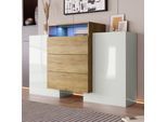 Credenza Sweiko, Cassettiera Moderna, Armadio 140 Cm, Colore Bianco Lucido E Legno, Effetti Luminosi Led Multicolore