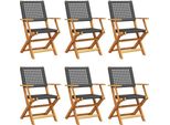 Vidaxl Sedie Da Giardino 6 Pz. Pieghevoli In Poly Rattan Nero E Legno Massiccio