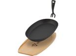 Teglia In Ghisa Bbq-Toro Con Asse In Legno, 27 X 18 Cm - Ovale, Nera, Già Cotta