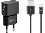 Goobay Dual Apple Lightning Charger Set (12 W), Unità Di Alimentazione Con 2 Porte Usb E Cavo Apple Lightning, 1 M, Nero