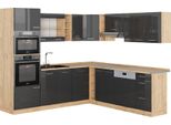 Vicco Cucina Angolare Completa R-Line, 237 X 247 Cm , Pt Rovere, Antracite Lucido/Oro Power Oak