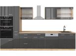 Vicco Cucina Componibile R-Line, 350 Cm Con Armadio Alto, Pt Rovere, Antracite Lucido/Oro Power Oak