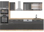 Vicco Cucina Componibile R-Line, 300 Cm Con Armadio Alto, Pt Rovere, Antracite Lucido/Oro Power Oak