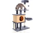 Tiragraffi Fudajo In Grigio Scuro Alto 112 Cm, Tiragraffi Per Gatti Con Casetta Per Gatti, Albero Per Gatti Con Mangiatoia E Piattaforme, Mobili Per Gatti Con Tiragraffi
