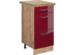 Vicco Mobiletto Base Per Cucina R-Line, 40 Cm Con Cassetti, Pl Rovere, Rosso Lucido/Quercia Dorata