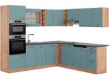 Vicco Cucina Angolare Completa R-Line, 237 X 247 Cm , Pt Antracite, Rovere Blu-Grigio/Oro