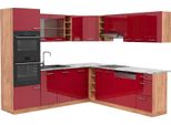 Vicco Cucina Angolare Completa R-Line, 247 X 60 Cm , Pl Marmo, Rosso Lucido/Rovere Dorato/Quercia Dorata