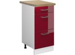 Vicco Mobiletto Base Per Cucina R-Line, 40 Cm Con Cassetti, Pl Rovere, Rosso Lucido/Bianco