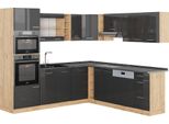 Vicco Cucina Angolare Completa R-Line, 237 X 247 Cm , Pt Antracite, Antracite Lucido/Oro Power Oak