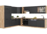 Vicco Cucina Angolare Completa Fame-Line, 347 X 60 Cm , Pl Marmo, Grigio Scuro/Quercia Dorata