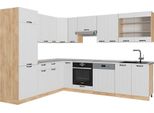 Vicco Cucina Angolare Completa Fame-Line, 227 X 60 Cm , Pl Marmo, Bianco Casa Di Campagna/Quercia Dorata