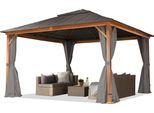 Toolport Gazebo Da Giardino 4X4 M Look Legno, Tetto Hardtop In Acciaio, 4 Teli Laterali Color Grigio