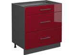 Vicco Mobiletto Base Per Cucina Fame-Line, 80 Cm Con 3 Cassetti, Senza Piano Di Lavoro, Rosso Bordeaux Lucido/Antracite