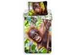 Biancheria Da Letto Per Bambini Reversibile Motivo Orango Scimmia Albero Foresta Natura Giungla Piumone 140 X 200 + Cuscino 70 X 90 Cm 100% Cotone Con Zip