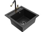 Mexen Vito Lavello In Granito A 1 Vasca Con Miscelatore Da Cucina Flora, Nero/Argento Metallizzato - 6503-73-670401-57-B