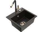 Mexen Milo Lavello Da Cucina In Granito 1-Vasca Con Miscelatore Cucina Flora, Nero/Oro Metallico - 6505-75-670401-57-G