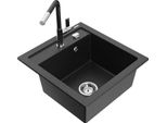 Mexen Vito Lavello In Granito 1-Vasca Con Miscelatore Cucina Flora, Nero/Metallico Argento - 6503-73-670401-07