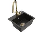 Mexen Milo Lavello Da Cucina In Granito 1-Vasca Con Rubinetto Da Cucina Savita, Nero/Oro Metallizzato- 6505-75-672601-50