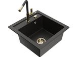 Mexen Vito Lavello In Granito 1-Vasca Con Miscelatore Da Cucina Flora, Nero/Oro Metallizzato - 6503-75-670401-57-G
