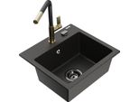 Mexen Milo Lavello In Granito A 1 Vasca Con Miscelatore Da Cucina Flora, Nero/Oro Metallizzato - 6505-75-670401-57-B