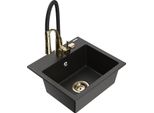 Mexen Milo Lavello In Granito 1-Vasca Con Rubinetto Da Cucina Aster, Nero/Oro Metallico - 6505-75-73450-57-G