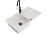 Mexen Leo Lavello In Granito 1-Vasca Con Sgocciolatoio E Rubinetto Da Cucina Savita, Bianco - 6501-20-672601-70