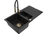 Mexen Matias Lavello In Granito 1,5 Vasche Con Scolapiatti E Rubinetto Da Cucina Aster, Nero - 6502-77-73450-57-G