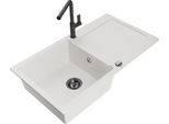 Mexen Leo Lavello In Granito 1-Vasca Con Scolapiatti E Rubinetto Da Cucina Flora, Bianco - 6501-20-670401-70-B