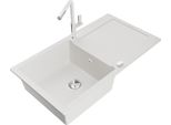 Mexen Leo Lavello In Granito 1-Vasca Con Gocciolatoio E Rubinetto Da Cucina Flora, Bianco - 6501-20-670401-02