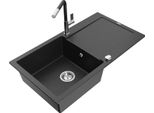 Mexen Leo Lavello In Granito A 1 Vasca Con Sgocciolatoio E Rubinetto Da Cucina Flora, Nero/Argento Metallizzato