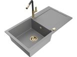 Mexen Leo Lavello In Granito 1-Vasca Con Scolapiatti E Rubinetto Da Cucina Flora, Grigio - 6501-71-670401-57-G