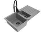 Mexen Matias Lavello In Granito 1,5 Vasche Con Gocciolatoio E Rubinetto Da Cucina Aster, Grigio - 6502-71-73450-70-B
