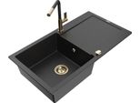 Mexen Leo Lavello In Granito A 1 Vasca Con Sgocciolatoio E Rubinetto Da Cucina Flora, Nero/Argento Metallizzato