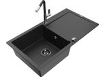 Mexen Leo Lavello In Granito A 1 Vasca Con Gocciolatoio E Rubinetto Da Cucina Flora, Nero/Metallizzato Argento