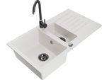 Mexen Matias Lavello In Granito 1,5 Vasche Con Scolapiatti E Miscelatore Cucina Telma, Bianco - 6502-20-670200-70