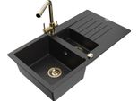 Mexen Matias Lavello In Granito 1,5 Vasche Con Scolapiatti E Miscelatore Cucina Duero, Nero/Metallo Argento- 6502-73-671600-50