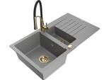 Mexen Matias Lavello In Granito 1,5 Vasca Con Scolapiatti E Rubinetto Da Cucina Aster, Grigio - 6502-71-73450-57-G