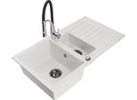 Mexen Matias Lavello In Granito 1,5 Vasche Con Gocciolatoio E Rubinetto Da Cucina Aster, Bianco - 6502-20-73450-07-B
