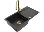 Mexen Leo Lavello In Granito 1-Vasca Con Sgocciolatoio E Rubinetto Da Cucina Savita, Nero/Oro Metallizzato - 6501-75-672601-50