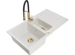 Mexen Matias Lavello In Granito 1,5 Vasche Con Sgocciolatoio E Rubinetto Da Cucina Aster, Bianco - 6502-20-73450-57-G