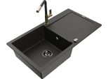 Mexen Leo Lavello In Granito A 1 Vasca Con Scolapiatti E Rubinetto Da Cucina Flora, Nero/Oro Metallizzato - 6501-75-670401-57-B