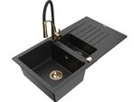 Mexen Matias Lavello In Granito 1,5 Vasche Con Scolapiatti E Rubinetto Cucina Aster, Nero/Argento - 6502-73-73450-57-G
