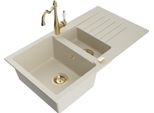 Mexen Matias Lavello In Granito 1,5 Vasche Con Scolapiatti E Miscelatore Cucina Carla, Beige - 6502-69-670700-50