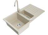 Mexen Matias Lavello In Granito 1,5 Vasche Con Scolapiatti E Rubinetto Da Cucina Telma, Beige - 6502-69-670200-69