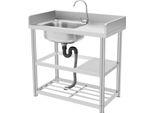 Lavello Da Cucina Freestanding - Monovasca - Acciaio Inox 304 - Vasca Sinistra - Con Rubinetto - Portaoggetti - Dimensioni 90×50×80 Cm - Argento
