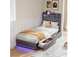 Letto Imbottito Fortuna Lai 90X200Cm Con Usb, Letto Per Ragazzi Letto Singolo Con Rete A Doghe E 2 Cassetti, Letto Contenitore Con Led, Lino, Grigio