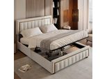 Unboxg Letto Matrimoniale Idraulico 140X190 Cm In Velluto, Letto Contenitore Con Led E Usb, Letto Con Contenitore, Letto Contenitore Beige