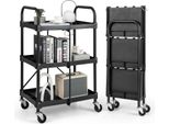 Carrello Porta Attrezzi Costway A 3 Ripiani, Carrello Pieghevole Su Rotelle, Carrello Multiuso Con Corrimano, Carrello Di Servizio Per Officina, Ufficio, Casa, Carrello Di Montaggio In Metallo, Nero