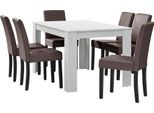 [Tavolo Da Pranzo Bianco Opaco Con 6 Sedie Imbottite In Pelle Finta Marrone 140X90 Set Da Pranzo Sala Da Pranzo